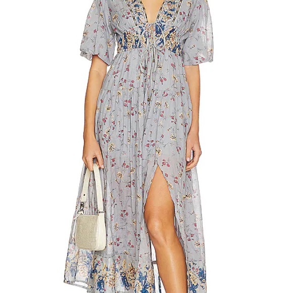 Free People Light Gray Floral Maxi Dress with Blue Border - Picture 2 of 11